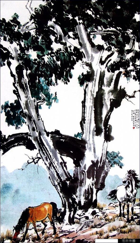 Xu Beihong horses under a tree old Chinese Oil Paintings